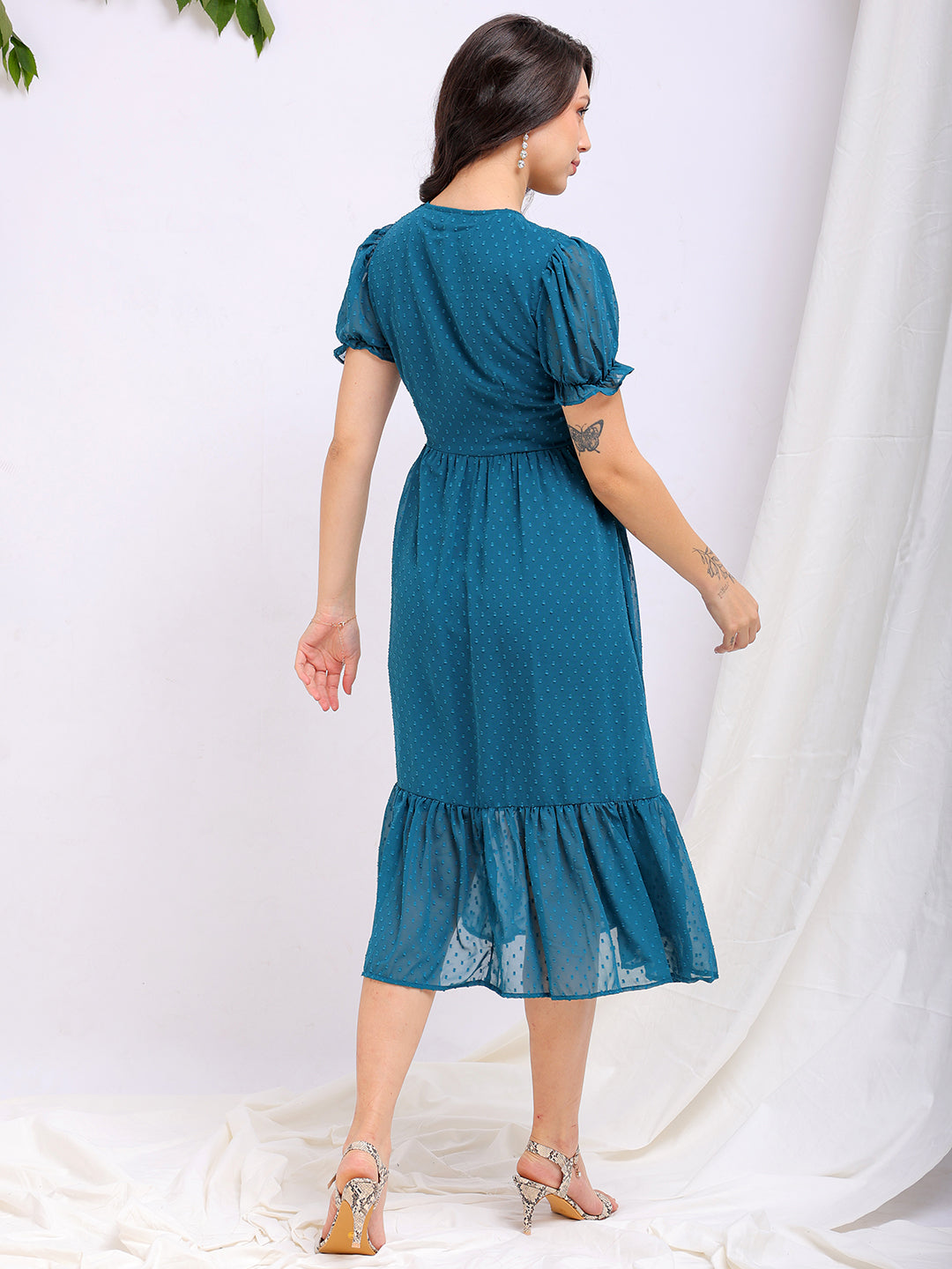 Women's Teal Fit and Flare Textured V neck Tiered Dress