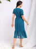 Women's Teal Fit and Flare Textured V neck Tiered Dress
