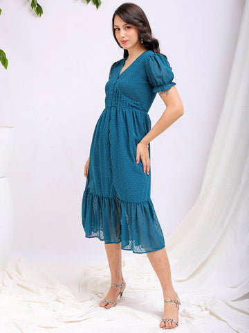 Women's Teal Fit and Flare Textured V neck Tiered Dress