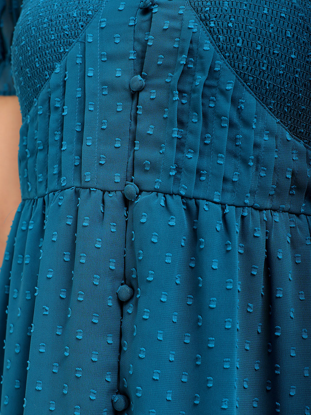 Women's Teal Fit and Flare Textured V neck Tiered Dress