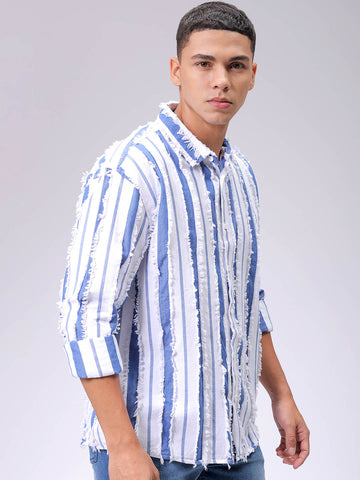 Men's Blue Relaxed Fit Striped Resortwear Shirt