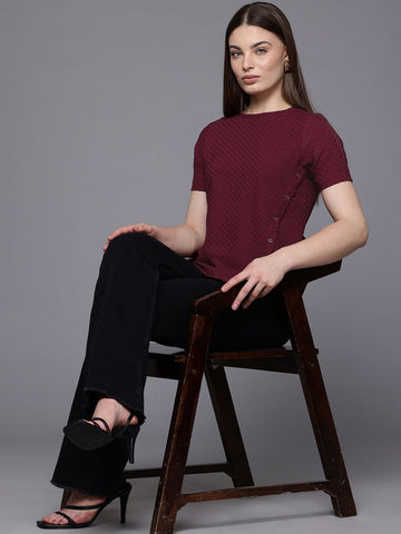 Freehand Maroon Women's Regular Fit Textured Asymmetric Top