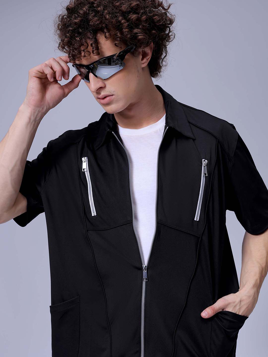 Men's Black Boxy Fit Solid Korean Street Shirt
