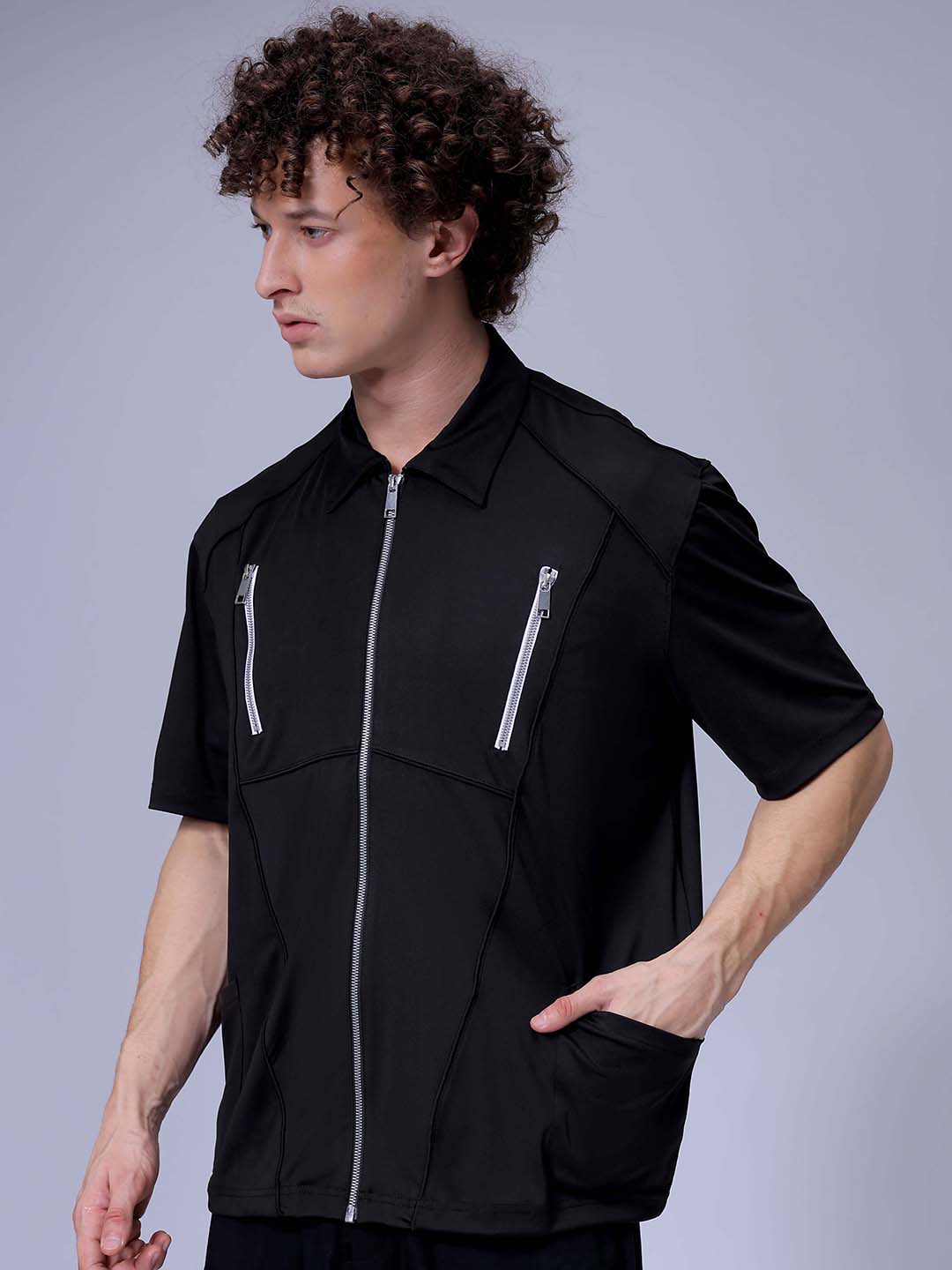 Men's Black Boxy Fit Solid Korean Street Shirt