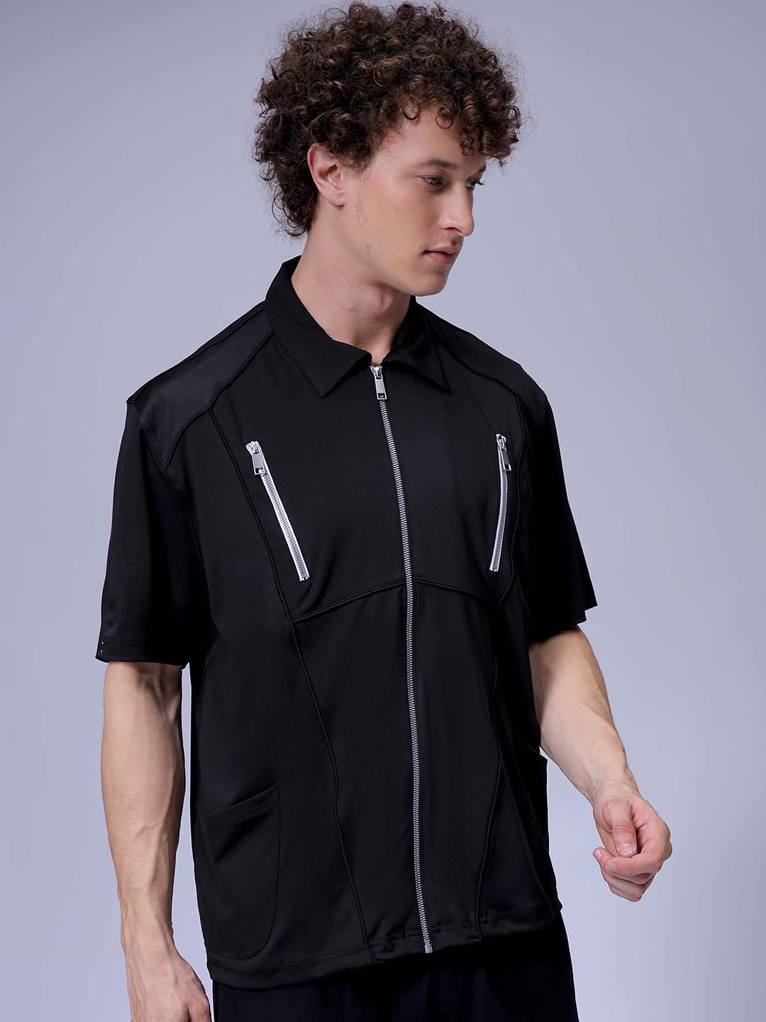 Men's Black Boxy Fit Solid Korean Street Shirt