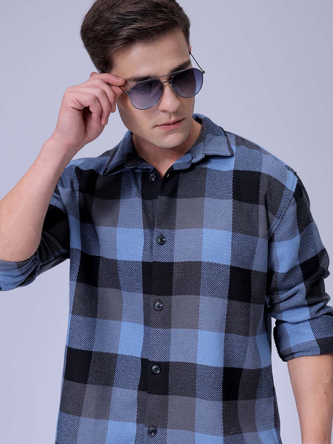 Men's Blue Relaxed Fit Checked Textured Shirt