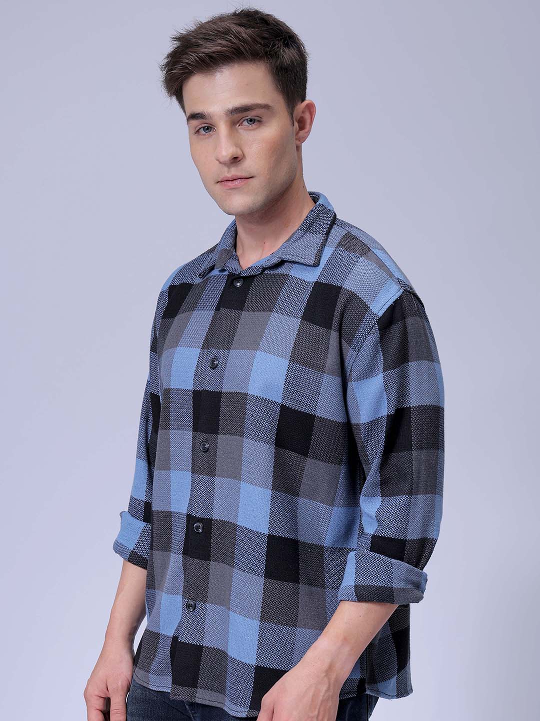 Men's Blue Relaxed Fit Checked Textured Shirt