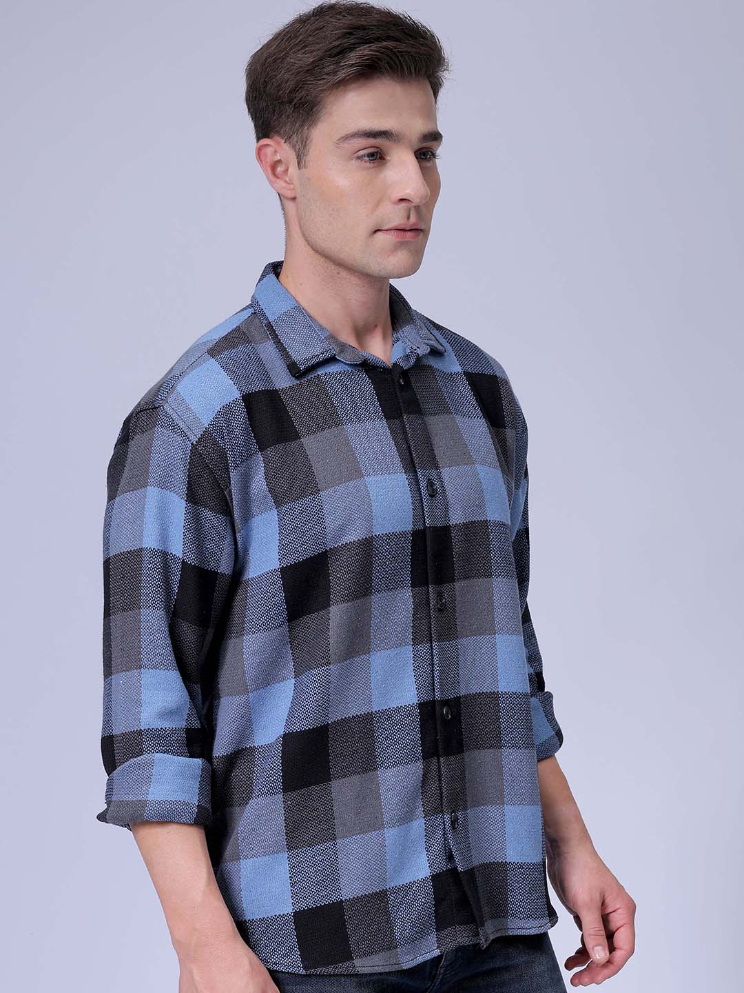Men's Blue Relaxed Fit Checked Textured Shirt
