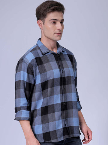 Men's Blue Relaxed Fit Checked Textured Shirt