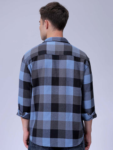 Men's Blue Relaxed Fit Checked Textured Shirt