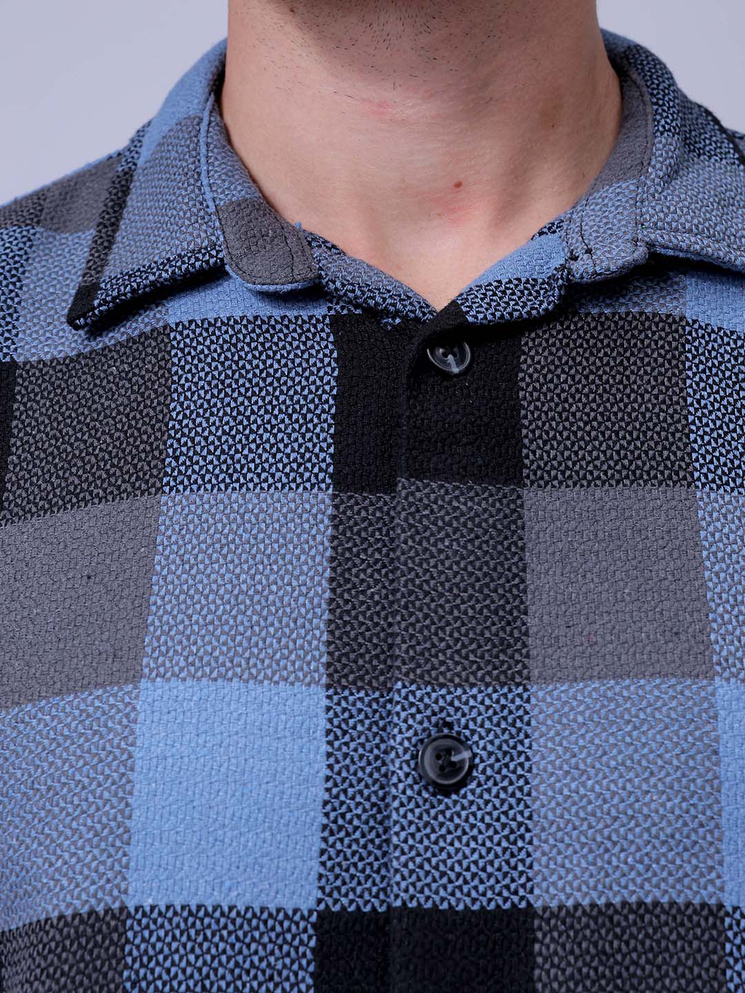 Men's Blue Relaxed Fit Checked Textured Shirt