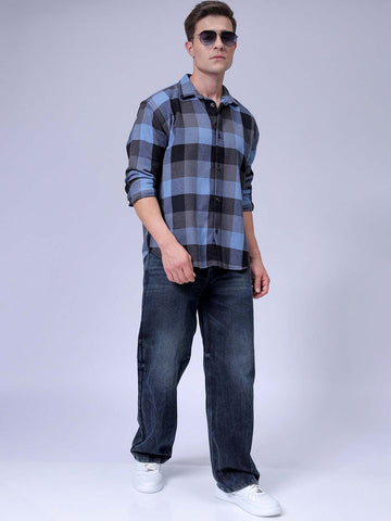 Men's Blue Relaxed Fit Checked Textured Shirt