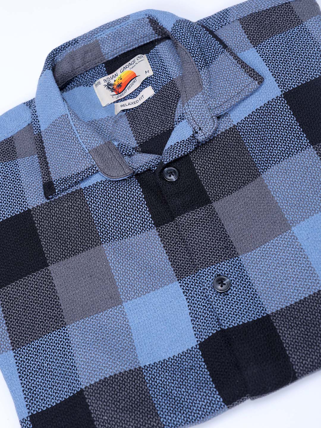 Men's Blue Relaxed Fit Checked Textured Shirt