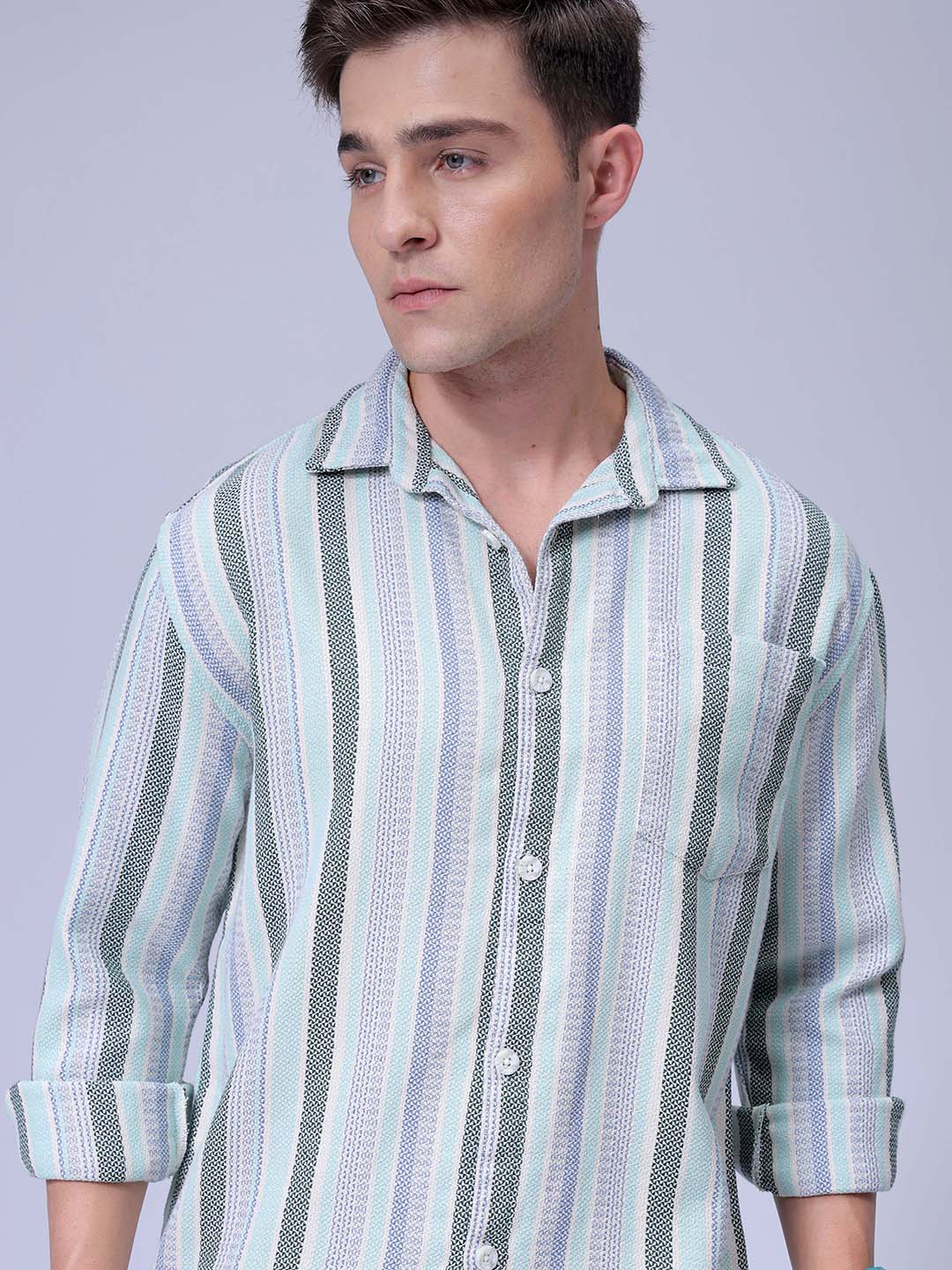Men's Blue Relaxed Fit Striped Textured Shirt