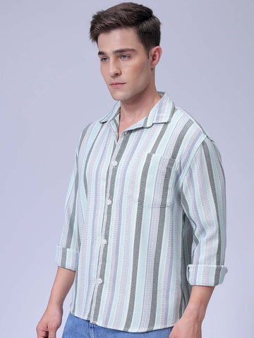 Men's Blue Relaxed Fit Striped Textured Shirt