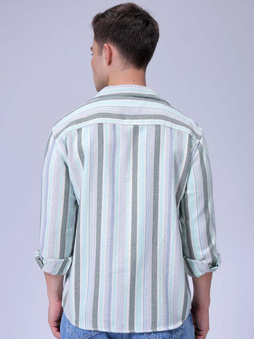 Men's Blue Relaxed Fit Striped Textured Shirt