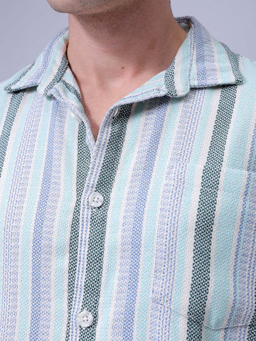 Men's Blue Relaxed Fit Striped Textured Shirt