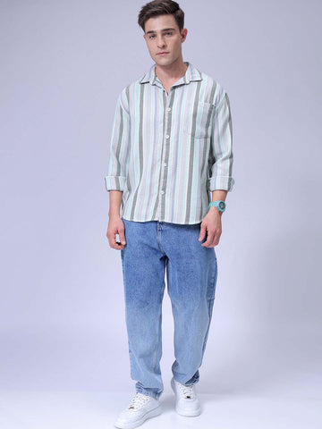 Men's Blue Relaxed Fit Striped Textured Shirt