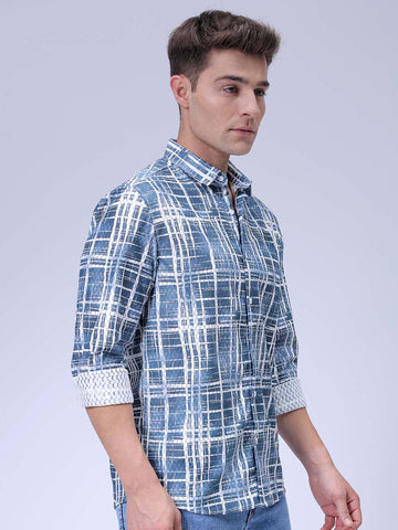 Men's Blue Relaxed Fit Checked Textured Shirt