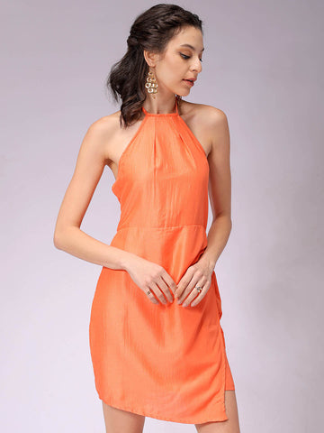 Women's Orange Fitted Solid Wrap Dress