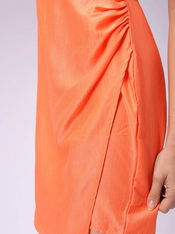Women's Orange Fitted Solid Wrap Dress