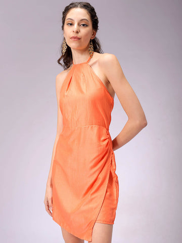 Women's Orange Fitted Solid Wrap Dress
