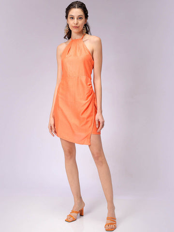 Women's Orange Fitted Solid Wrap Dress