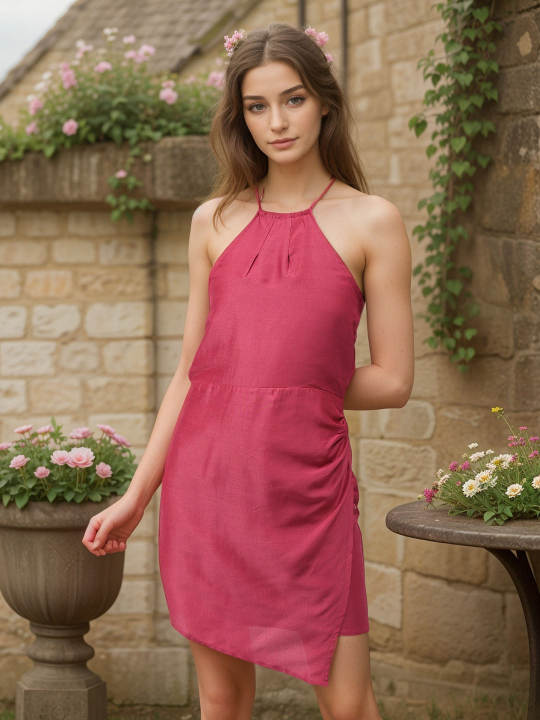 Women's Pink Fitted Solid Wrap Dress