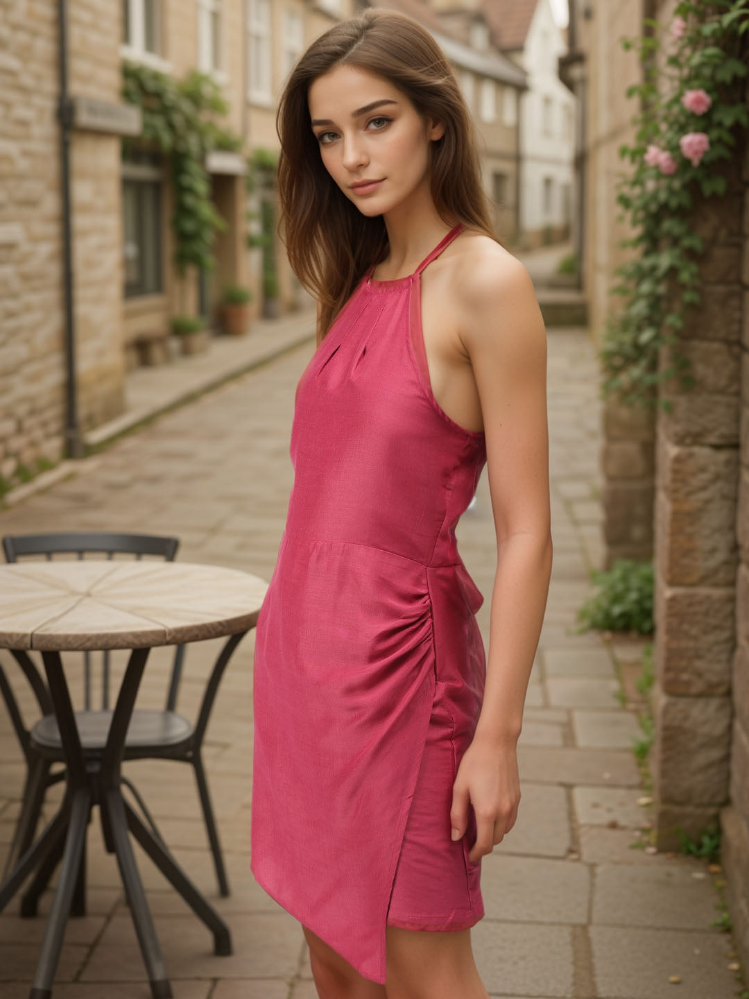 Women's Pink Fitted Solid Wrap Dress