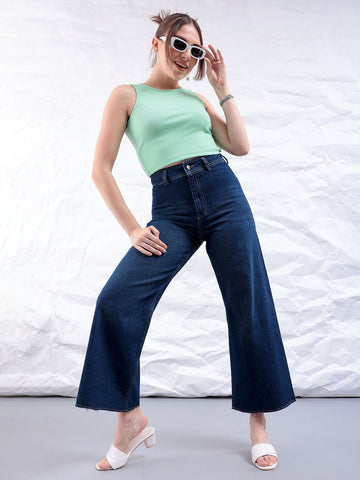 Women's Blue Bootcut Solid High Rise Clean Look Jeans