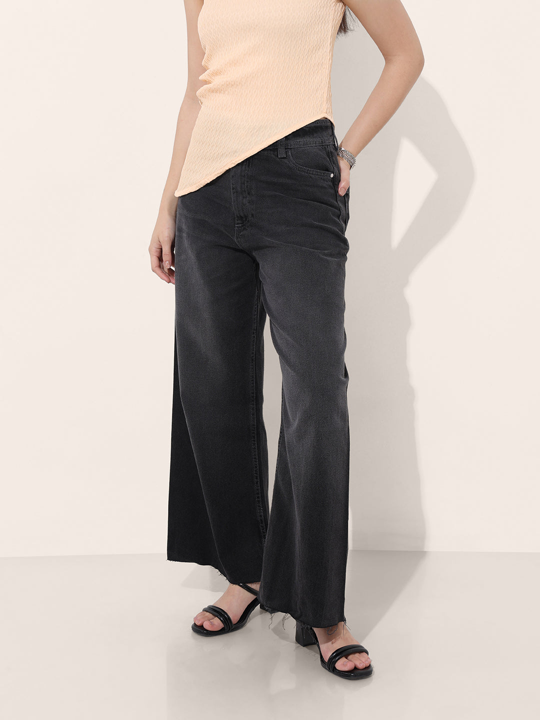 Women's Grey Bootcut Solid High Rise Clean Look Jeans