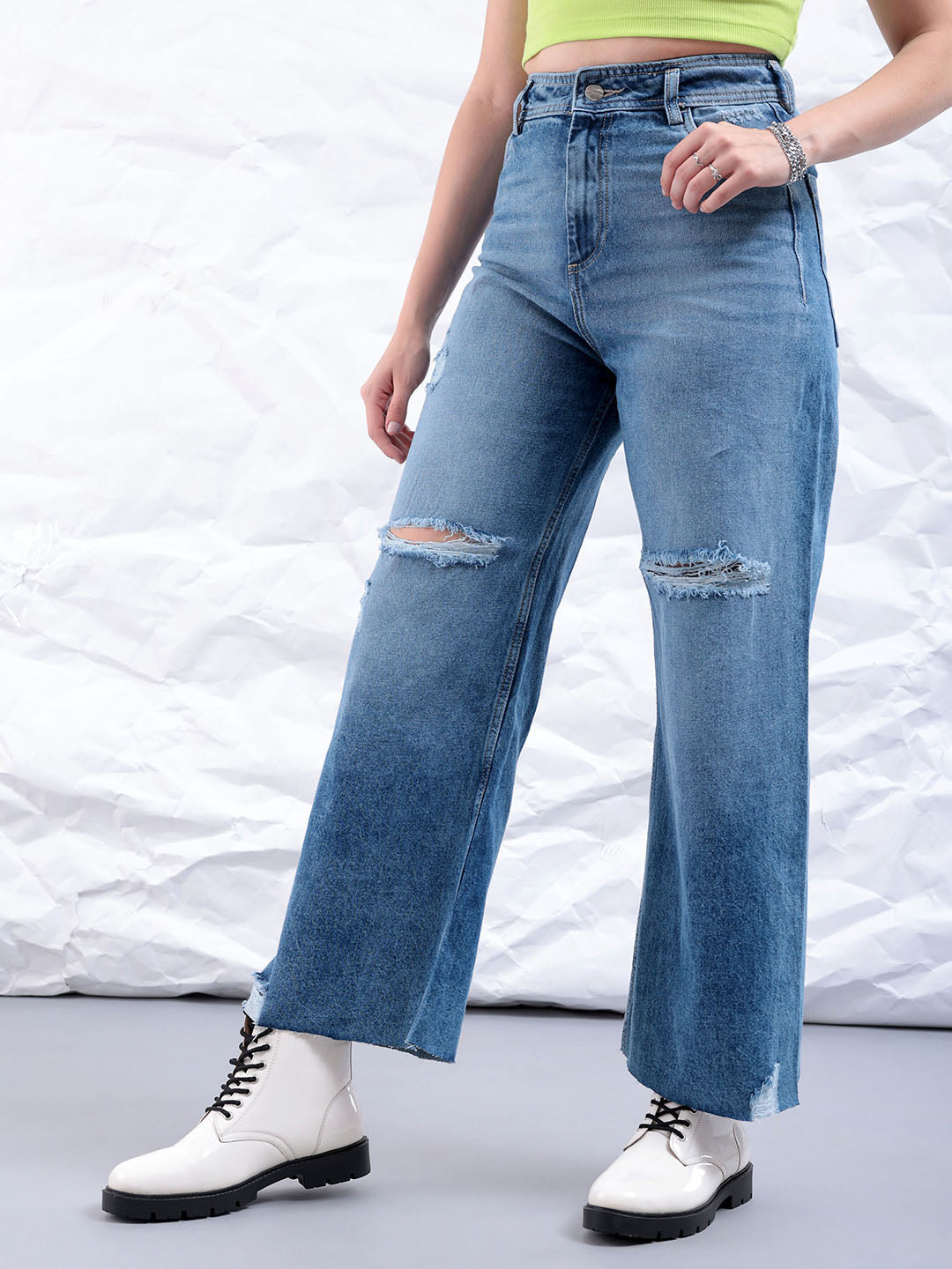 Women's Blue Bootcut Solid High Rise Distressed Jeans