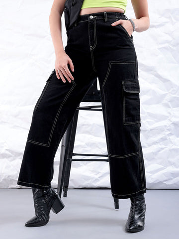 Women's Black Carpenter Fit Solid High Rise Clean Look Cargo Denim