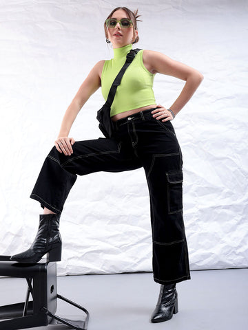 Women's Black Carpenter Fit Solid High Rise Clean Look Cargo Denim