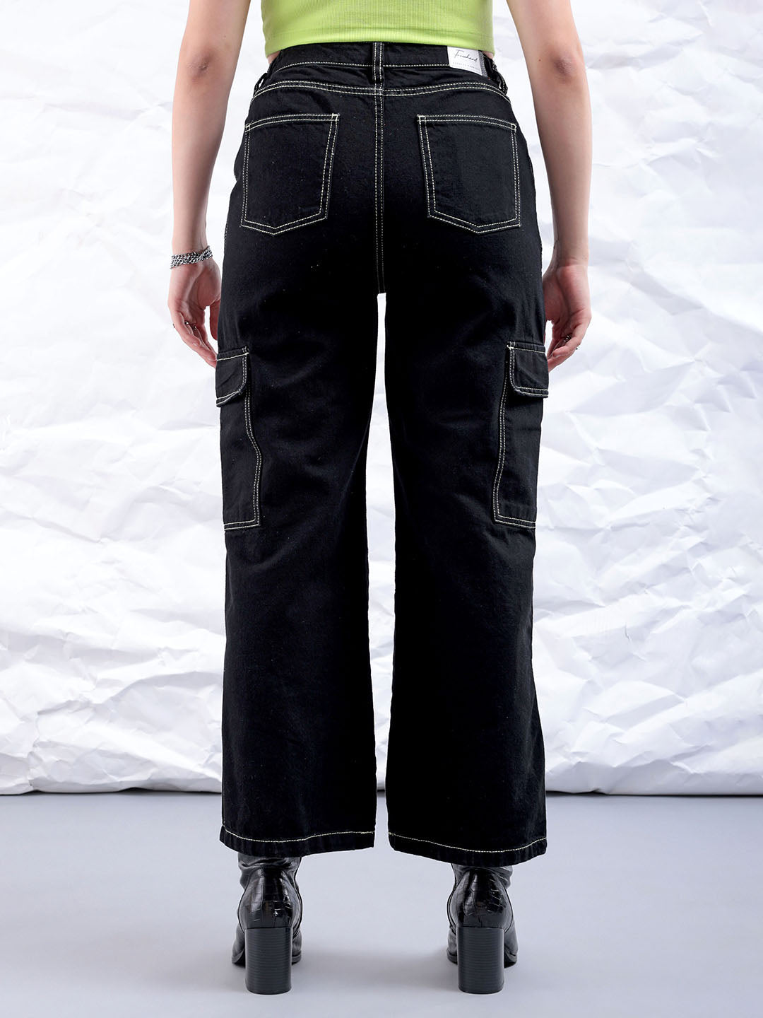 Women's Black Carpenter Fit Solid High Rise Clean Look Cargo Denim