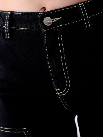 Women's Black Carpenter Fit Solid High Rise Clean Look Cargo Denim