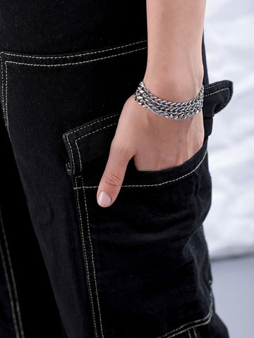 Women's Black Carpenter Fit Solid High Rise Clean Look Cargo Denim