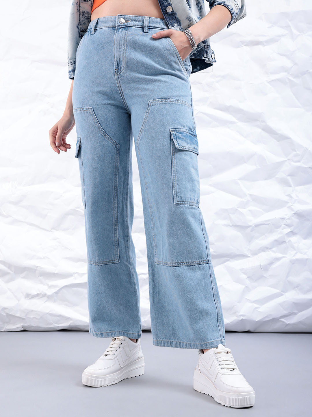 Women's Blue Carpenter Fit Solid High Rise Clean Look Cargo Denim