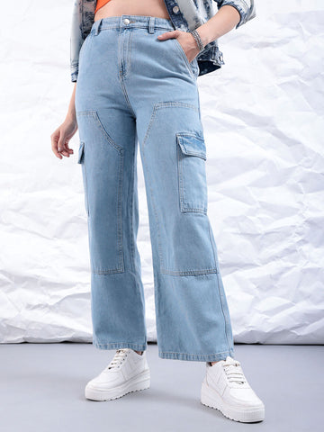 Women's Blue Carpenter Fit Solid High Rise Clean Look Cargo Denim
