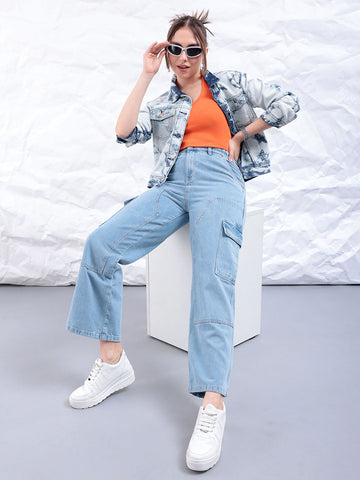 Women's Blue Carpenter Fit Solid High Rise Clean Look Cargo Denim