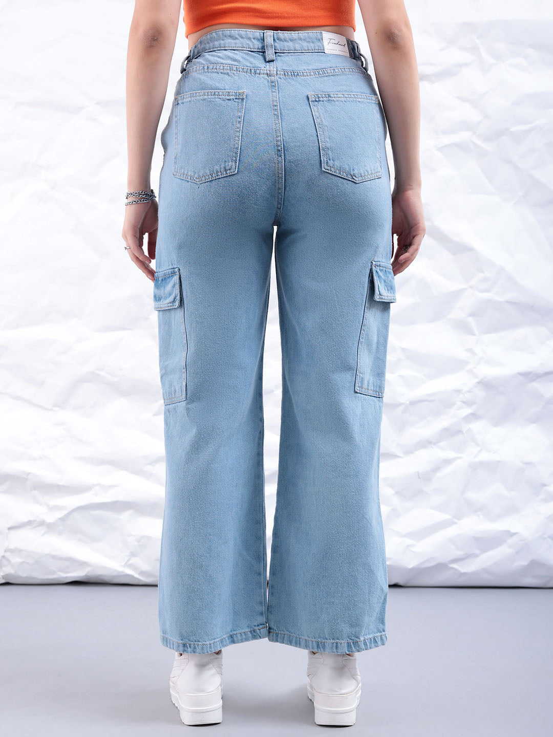 Women's Blue Carpenter Fit Solid High Rise Clean Look Cargo Denim