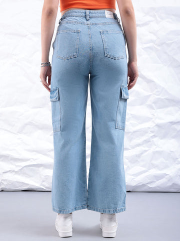 Women's Blue Carpenter Fit Solid High Rise Clean Look Cargo Denim