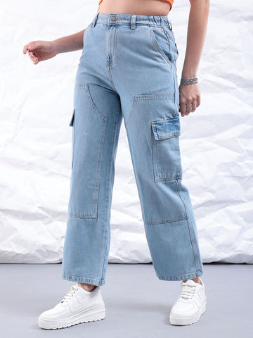 Women's Blue Carpenter Fit Solid High Rise Clean Look Cargo Denim