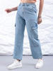 Women's Blue Carpenter Fit Solid High Rise Clean Look Cargo Denim