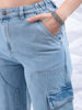 Women's Blue Carpenter Fit Solid High Rise Clean Look Cargo Denim