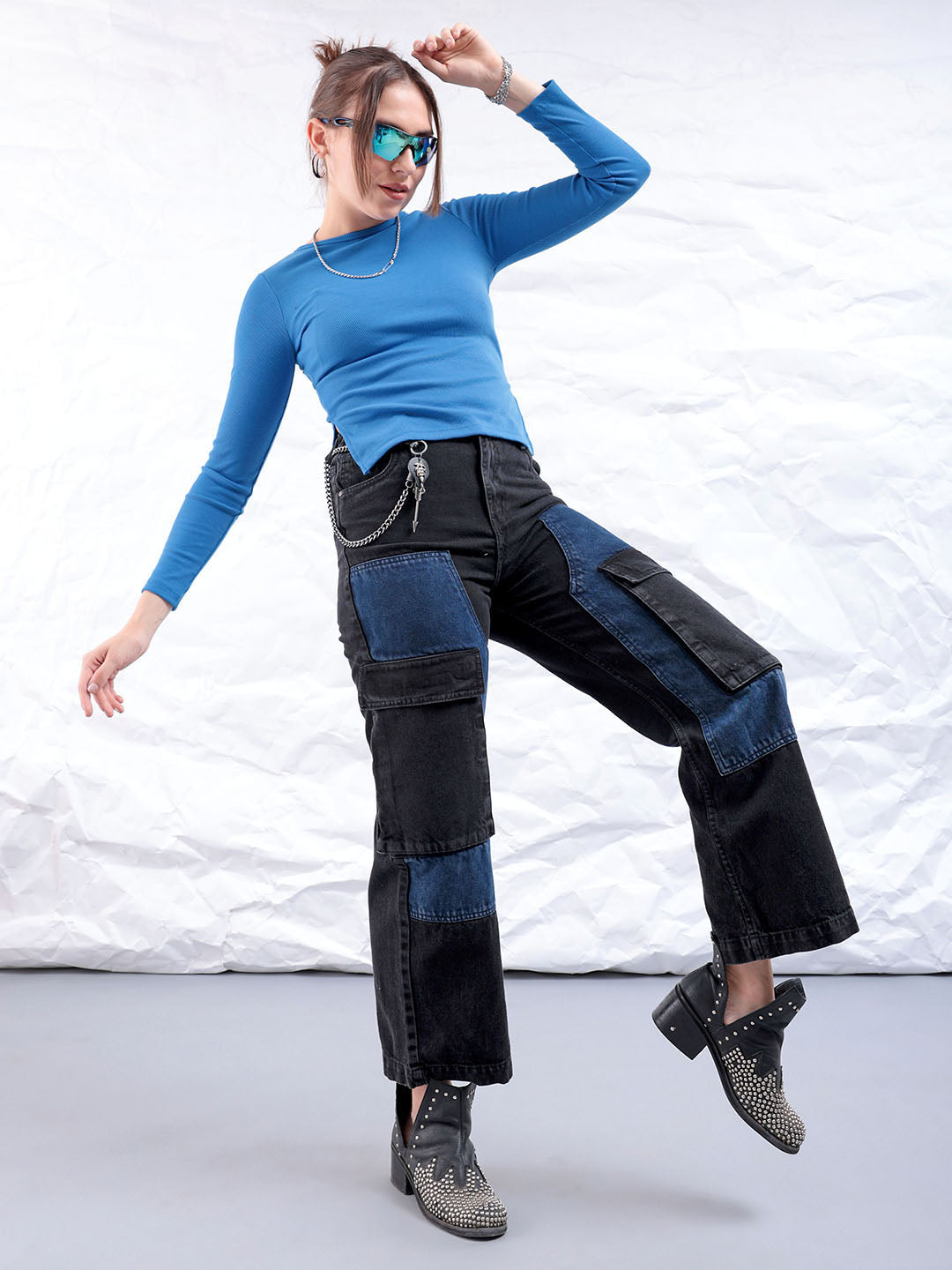 Women's Black Carpenter Fit Solid High Rise Clean Look Cargo Denim