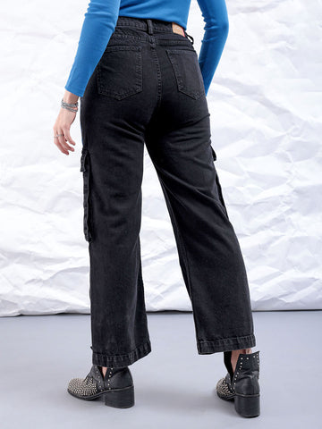 Women's Black Carpenter Fit Solid High Rise Clean Look Cargo Denim