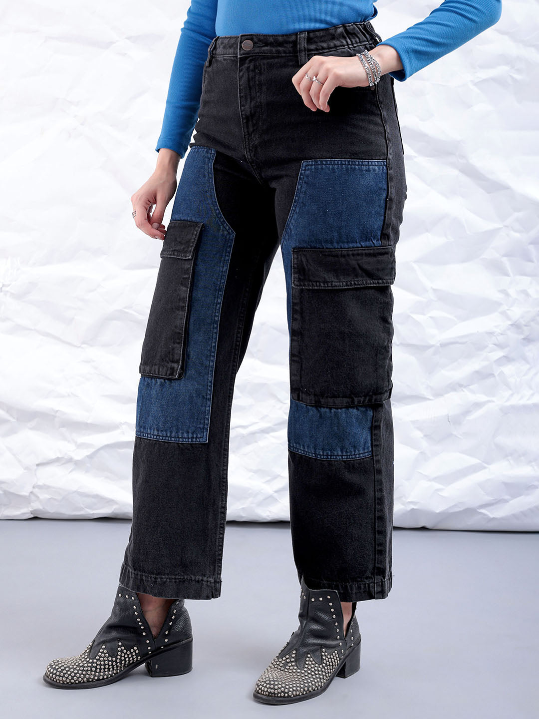 Women's Black Carpenter Fit Solid High Rise Clean Look Cargo Denim