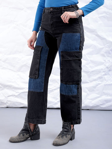 Women's Black Carpenter Fit Solid High Rise Clean Look Cargo Denim