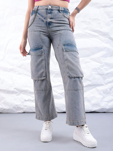Women's Blue Carpenter Fit Solid High Rise Clean Look Cargo Denim